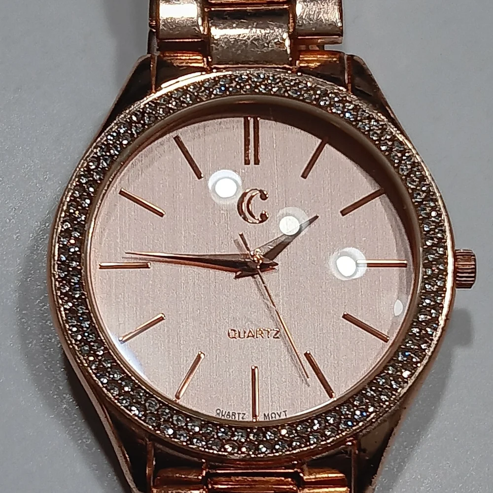Rose Gold Quartz Watch with Crystal Bezel - Picture 2 of 2